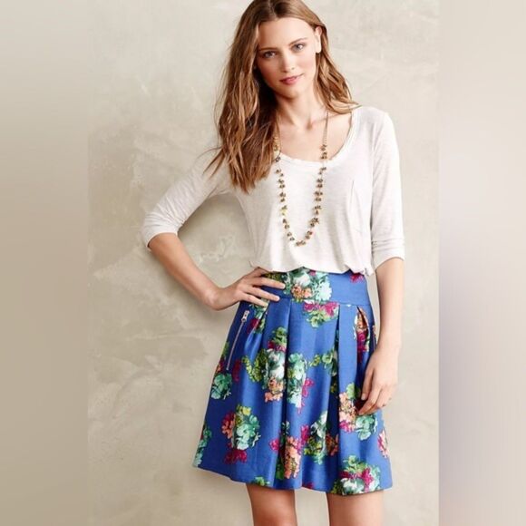 Anthropologie | Maeve | Blue Floral Zippered Rose Pockets Garden Days Skirt Sz 4 - Picture 1 of 9